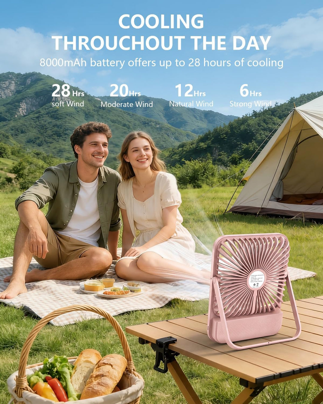 BIVBTP Ventilador de viaje portátil rosa de 8000 mAh con temporizad...