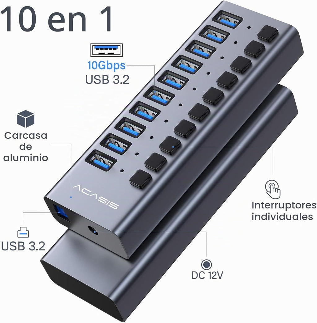 ACASIS, HS-710, hub USB 3.2 de 10 puertos, alimentado