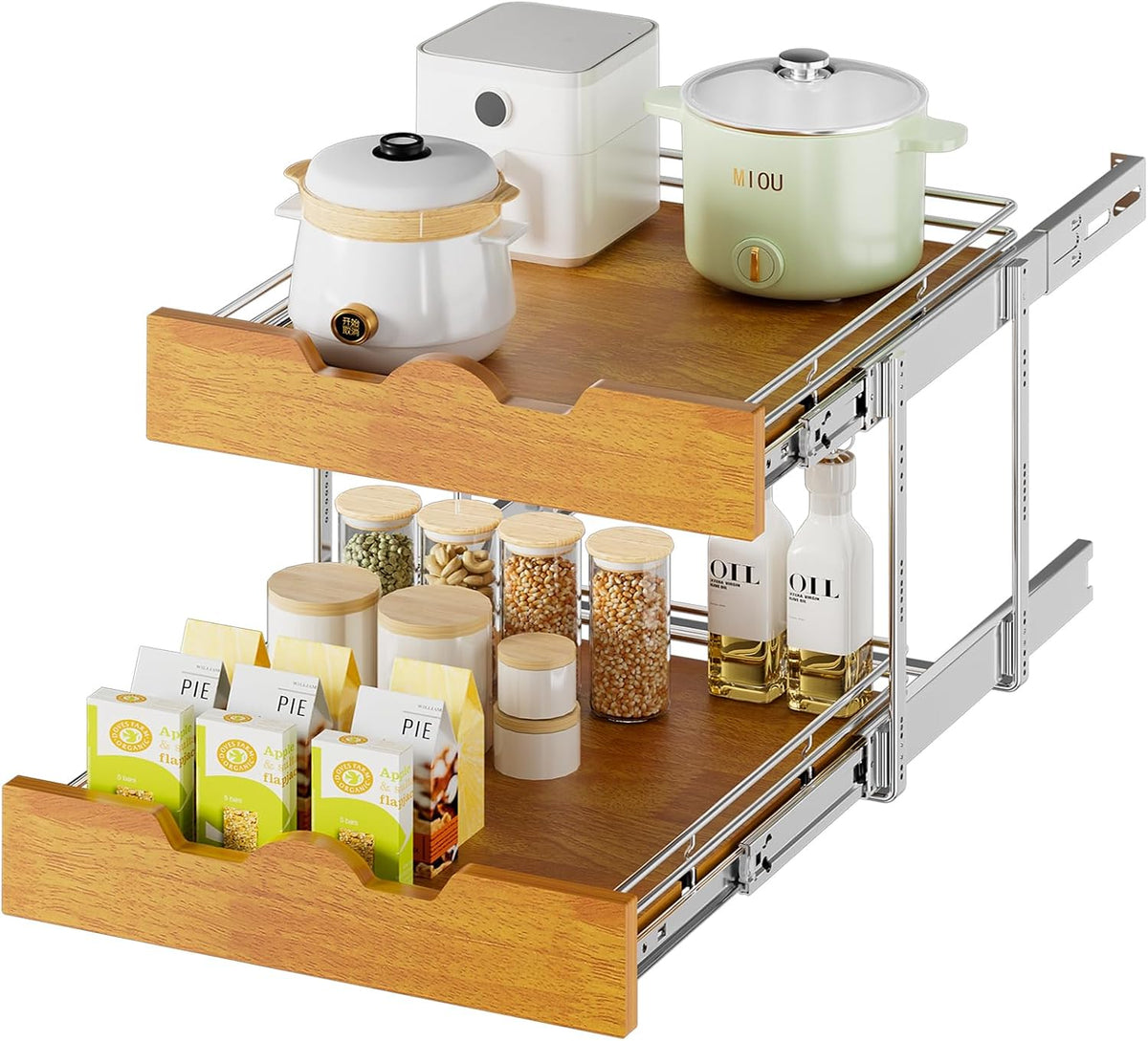 DINDON Organizador de gabinete extraíble de 2 niveles (20 pulgadas de ancho x 21 pulgadas de profundidad) Estante de madera deslizante Cesta de alambre de cocina de doble nivel con acabado cromado