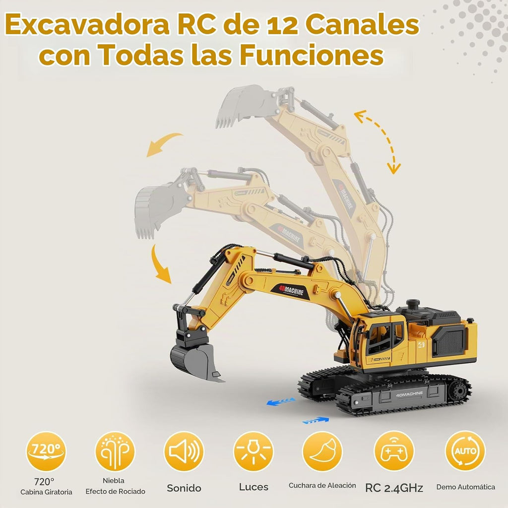 Excavadora de juguete a control remoto para niños, juguetes de excavadora RC de 2.4 GHz con cubo de metal, vehículo de construcción de 12 canales con niebla/luces/sonido, 2 baterías de 1200 mAh