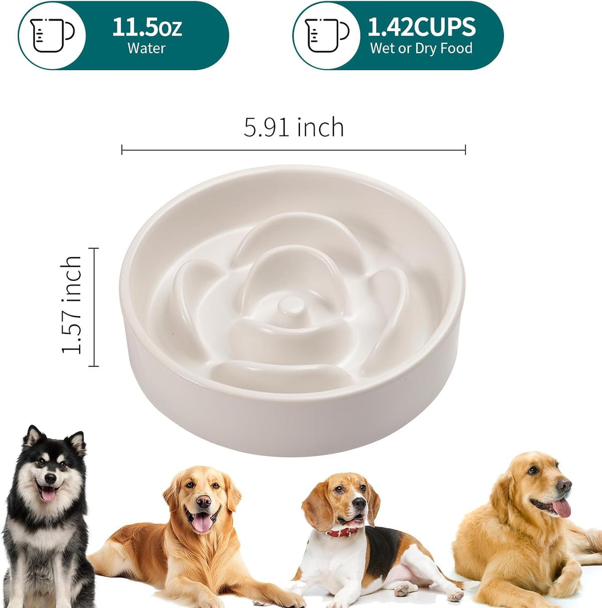 Cuenco de cerámica blanca para perros de raza pequeña y media, cuenco elevado de alimentación lenta de 6.1 pulgadas, cuenco de comida para perros de rompecabezas para comer rápido, plato de laberinto
