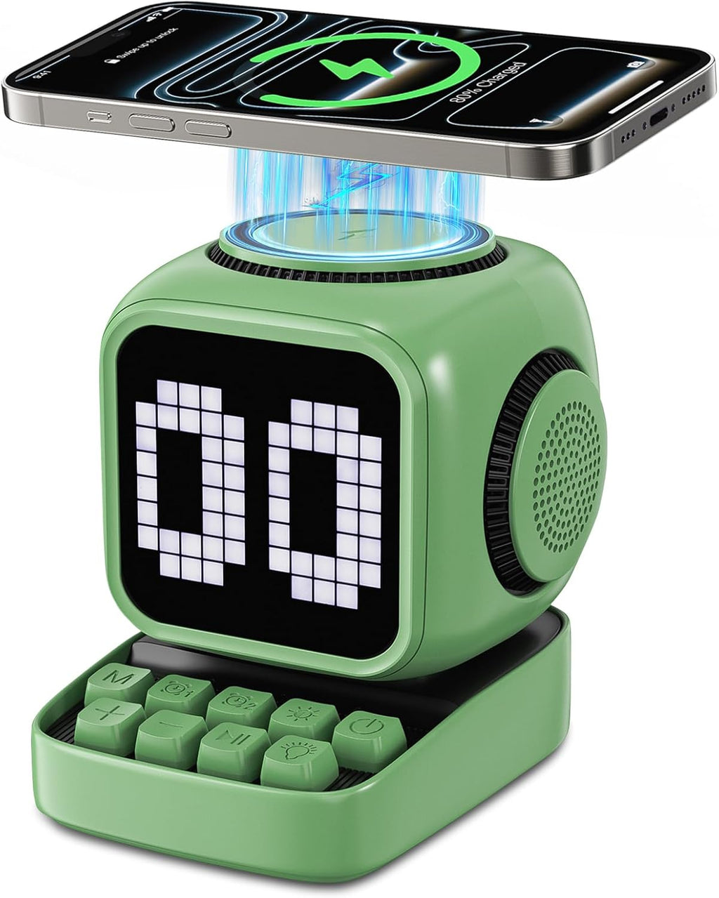 Altavoz Bluetooth 5 en 1 de robot retro: cargador inalámbrico de 15 W, pantalla LED de píxeles, sonido estéreo de 10 W y 15 ruido blanco, reloj despertador, lindo altavoz inalámbrico portátil para