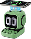 Altavoz Bluetooth 5 en 1 de robot retro: cargador inalámbrico de 15 W, pantalla LED de píxeles, sonido estéreo de 10 W y 15 ruido blanco, reloj despertador, lindo altavoz inalámbrico portátil para