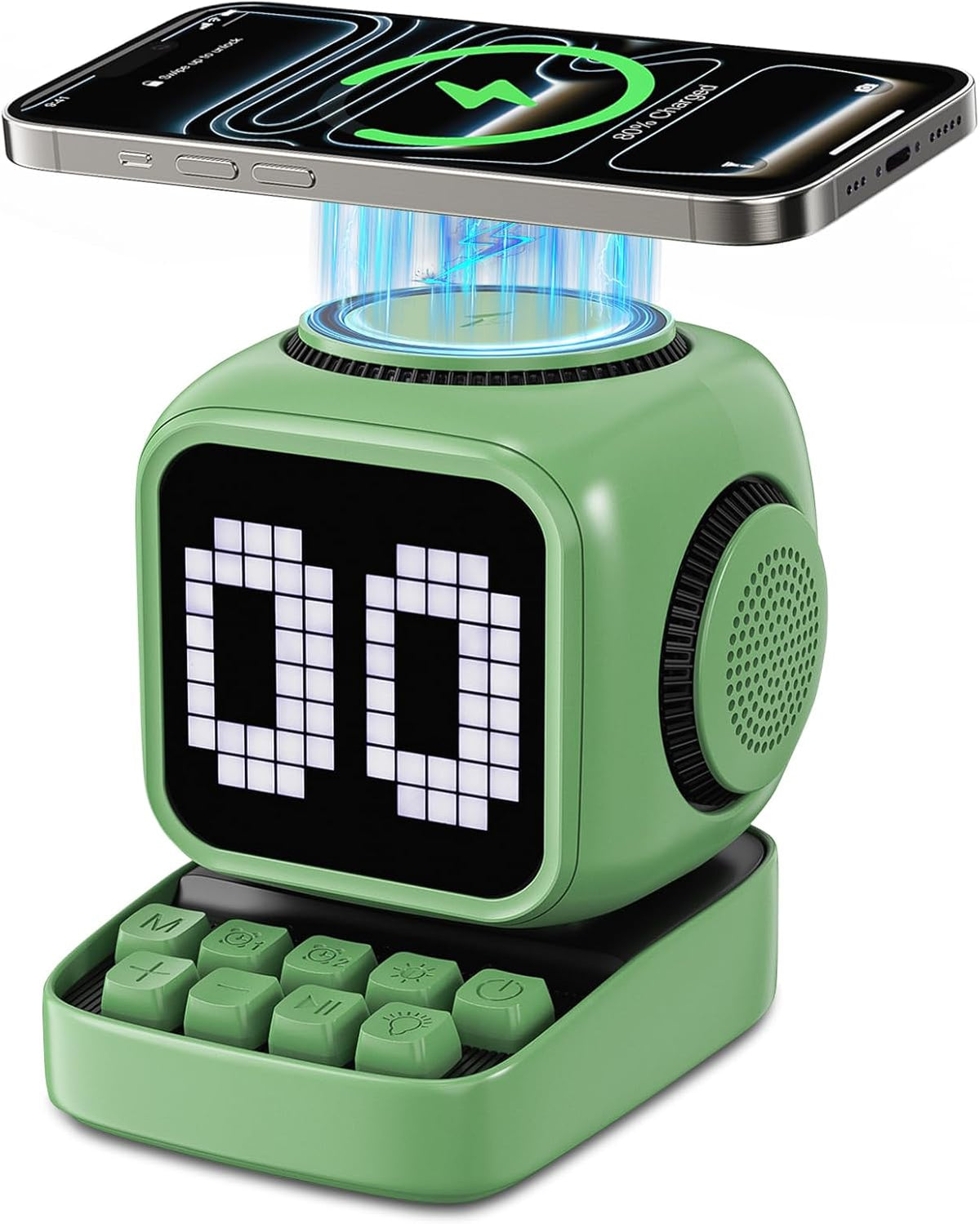 Altavoz Bluetooth 5 en 1 de robot retro: cargador inalámbrico de 15 W, pantalla LED de píxeles, sonido estéreo de 10 W y 15 ruido blanco, reloj despertador, lindo altavoz inalámbrico portátil para