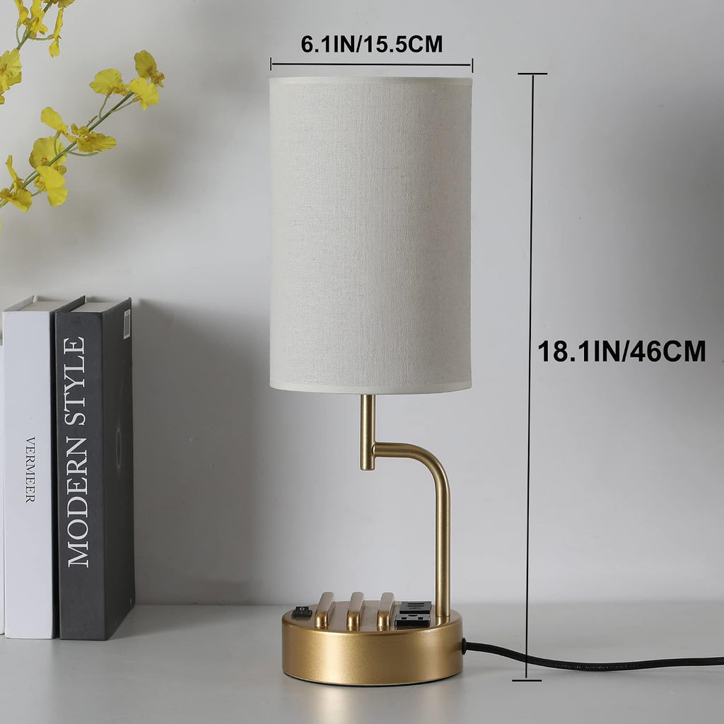 Lámpara Dreamholder - 2 lámparas de mesa con 3 puertos de carga USB, moderna lámpara de escritorio con toma de corriente alterna y soportes para teléfono, para dormitorio, sala de estar y oficina, dorado