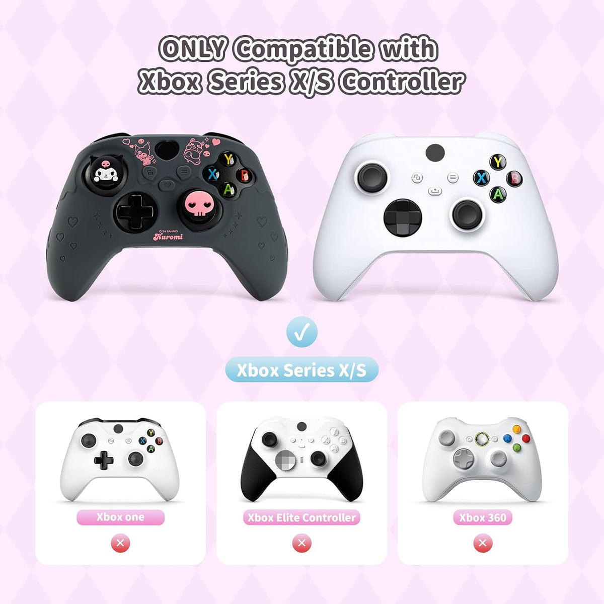 Kuitmor Funda protectora antideslizante de silicona suave compatible con el mando Xbox con 2 tapas de agarre para el pulgar y 1 adhesivo (negro Kuromi)