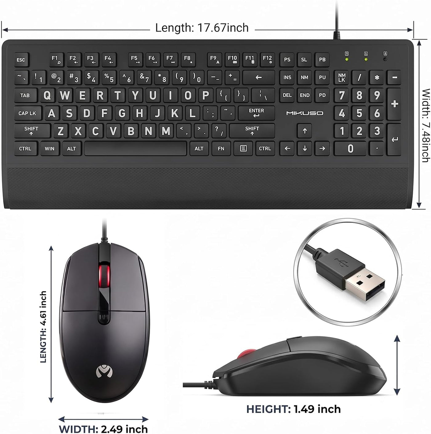 MIKUSO Combo de teclado y mouse con cable de impresión grande para...