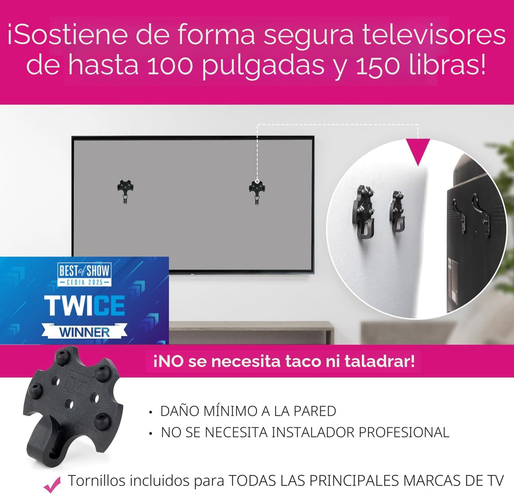 HangSmart TV® - Soporte de pared sin montante, original y patentado, fácil instalación, bricolaje para televisores de 19 a 100 pulgadas, soporta hasta 150 libras, se adapta a la mayoría de pantallas
