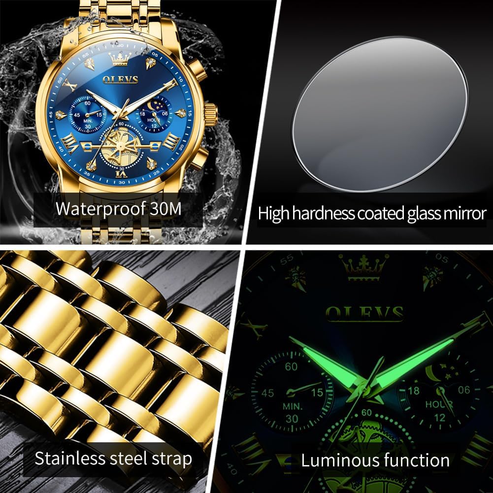 OLEVS Relojes para hombres Luxurious vestimenta acero inoxidable resistente al agua cronógrafo