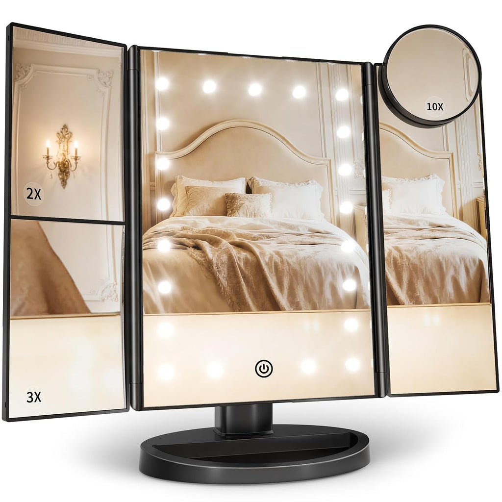 Espejo de tocador con aumento 2X/3X/10X con iluminación, espejo de maquillaje plegable trifold
