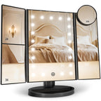 Espejo de tocador con aumento 2X/3X/10X con iluminación, espejo de maquillaje plegable trifold