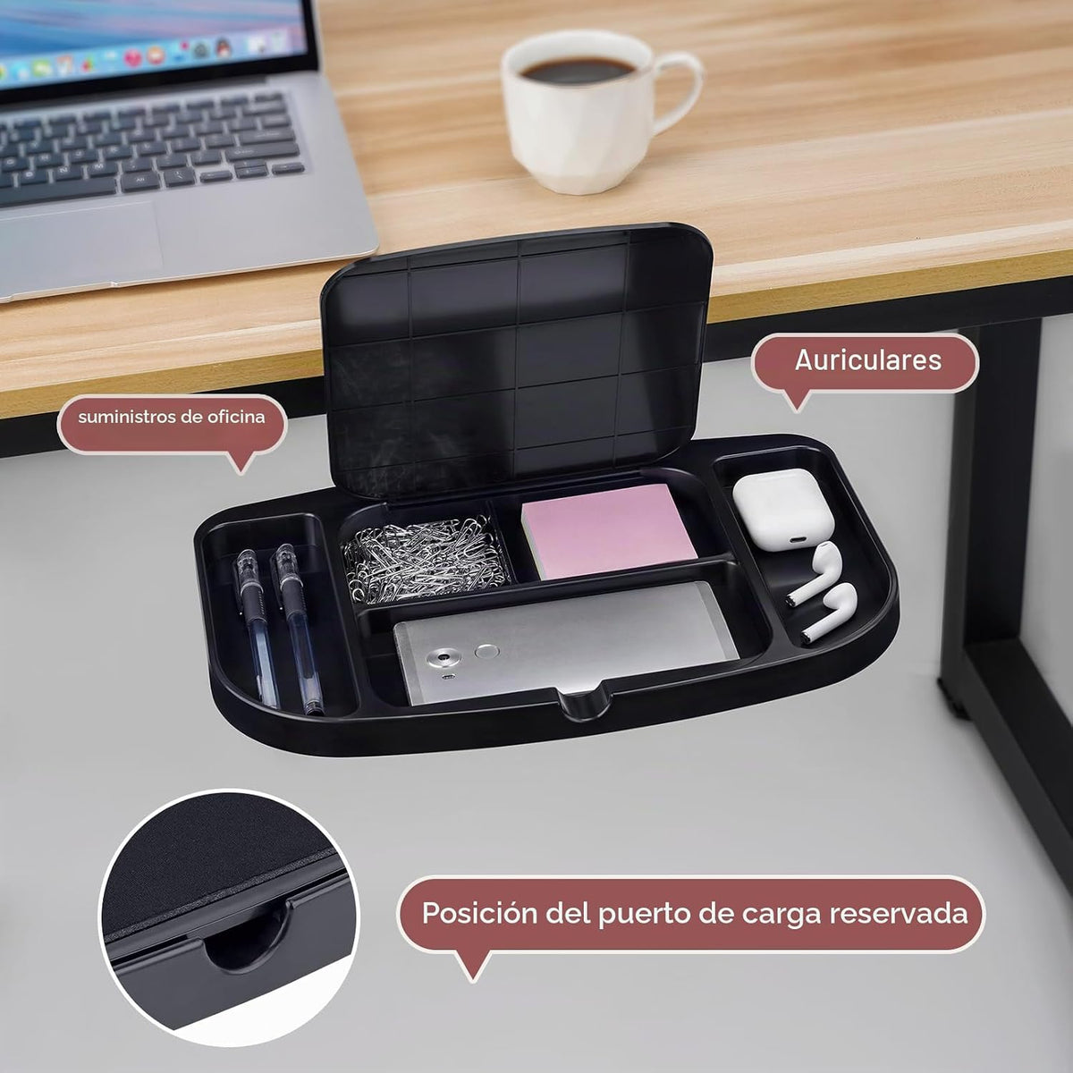 Plataforma de soporte de alfombrilla de mouse con abrazadera, altura ajustable debajo del escritorio, soporte de extensión giratoria de 360°, con 5 compartimentos de almacenamiento, ahorra