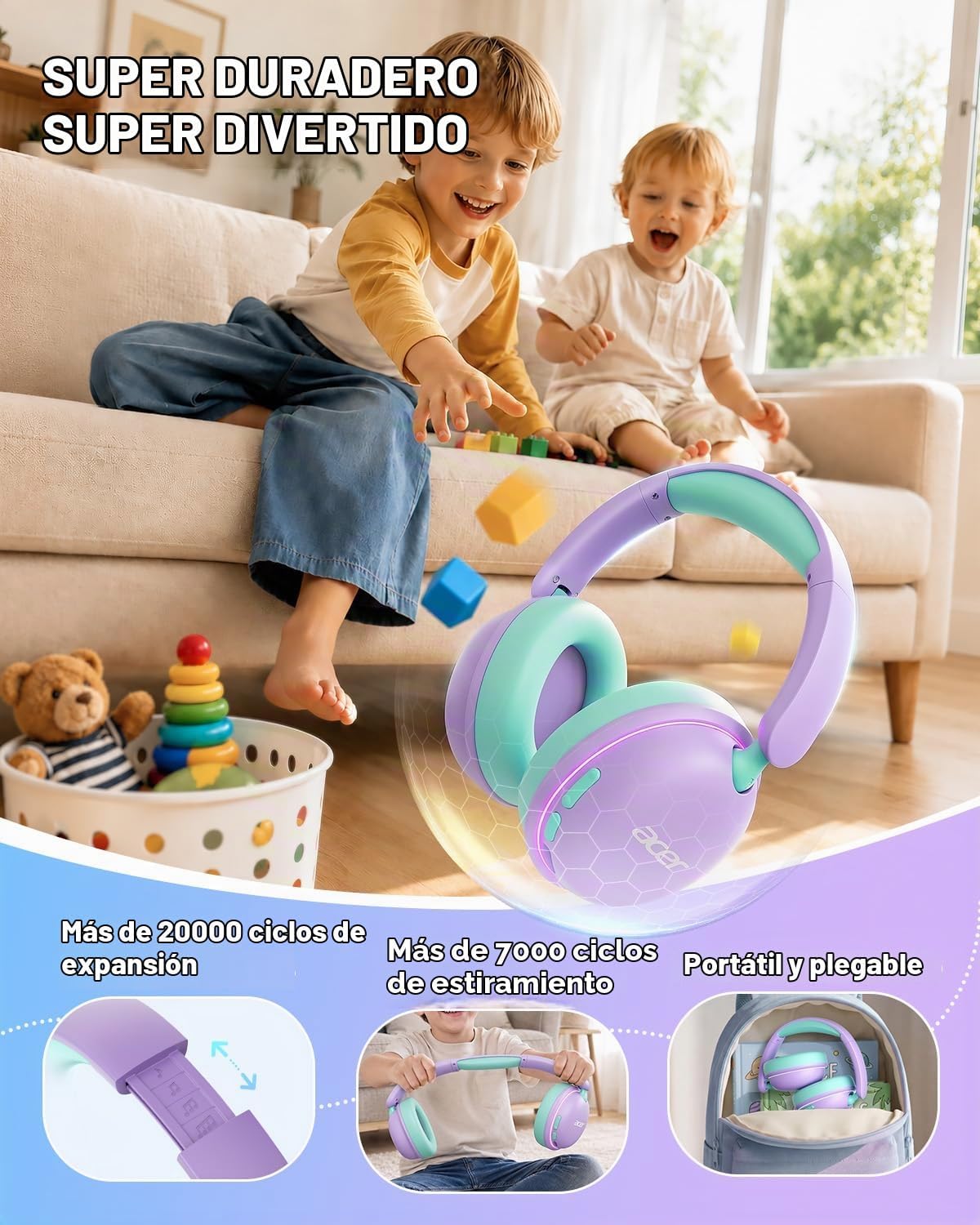 Acer OHR727 - Auriculares Bluetooth para niños, diseño cómodo sobre la