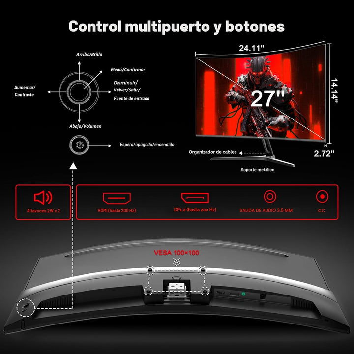 SANSUI Monitor curvo para juegos de 27 pulgadas, 200 Hz, 1 ms con a...