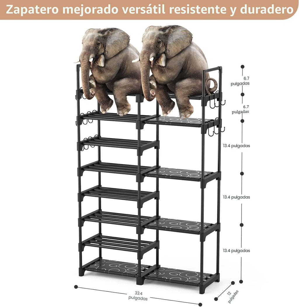 ROJASOP Organizador de Zapatero, estante de 8 niveles de metal para armario, entrada, garaje, estante de almacenamiento de zapatos altos con 15 ganchos, soporte grande de zapatos apilable para 26-32