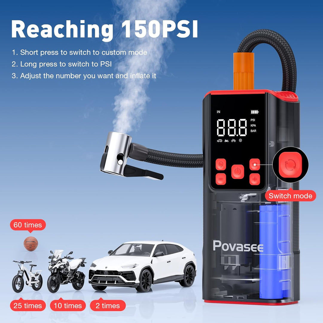 Inflador de Neumáticos Compresor de Aire Portátil Povasee 150PSI Bo...