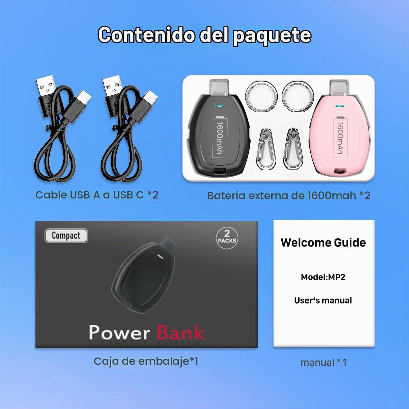 HUAENG Paquete de 2 llaveros USB C, cargador portátil, mini banco d...