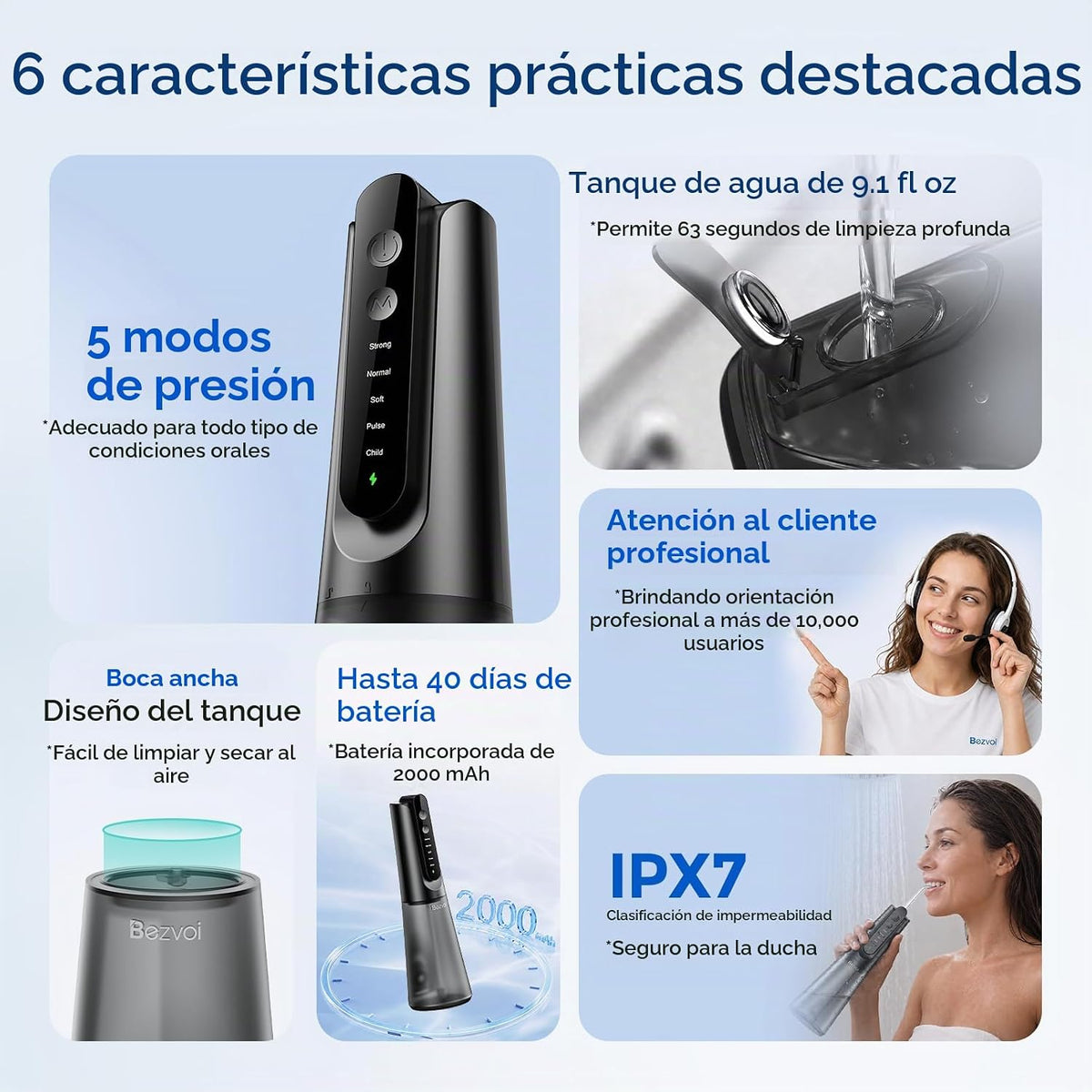 Bezvoi Púa de irrigador dental de agua, 5 modos, batería de 40 días y carga