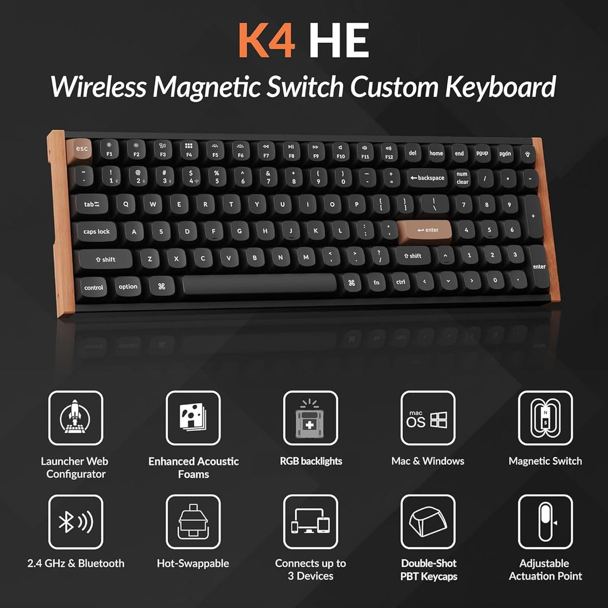 Keychron K4 HE - Teclado inalámbrico de efecto Hall al 96% con almohadilla numérica, interruptores magnéticos de disparo rápido, lanzador QMK, 2.4 GHz/Bluetooth/cableado, Mac y ventanas, marco de