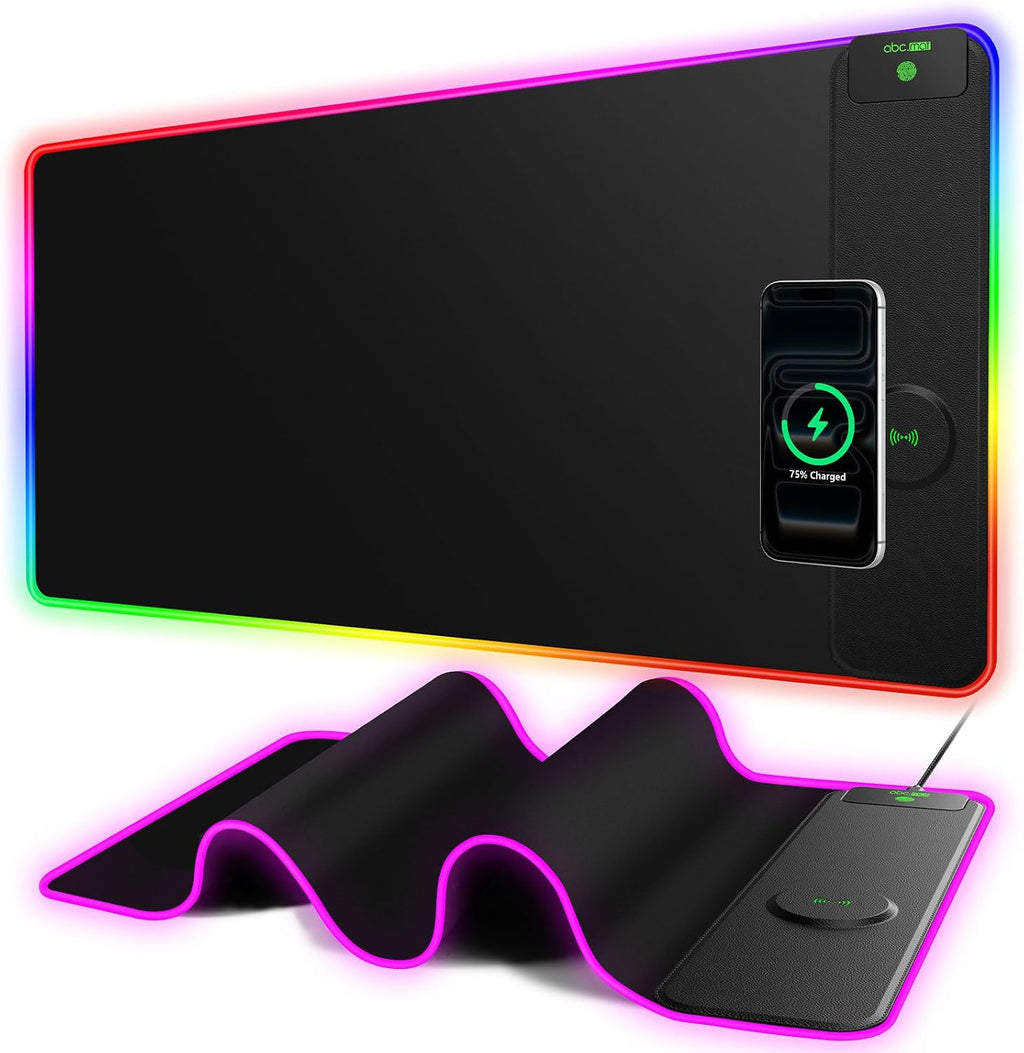 Alfombrilla de mouse XXL RGB para juegos con cargador inalámbrico magnético de 15 W, 31.5 x 15.8 pulgadas, alfombrilla de escritorio LED extra grande, 24 efectos de luz con base de goma antideslizante