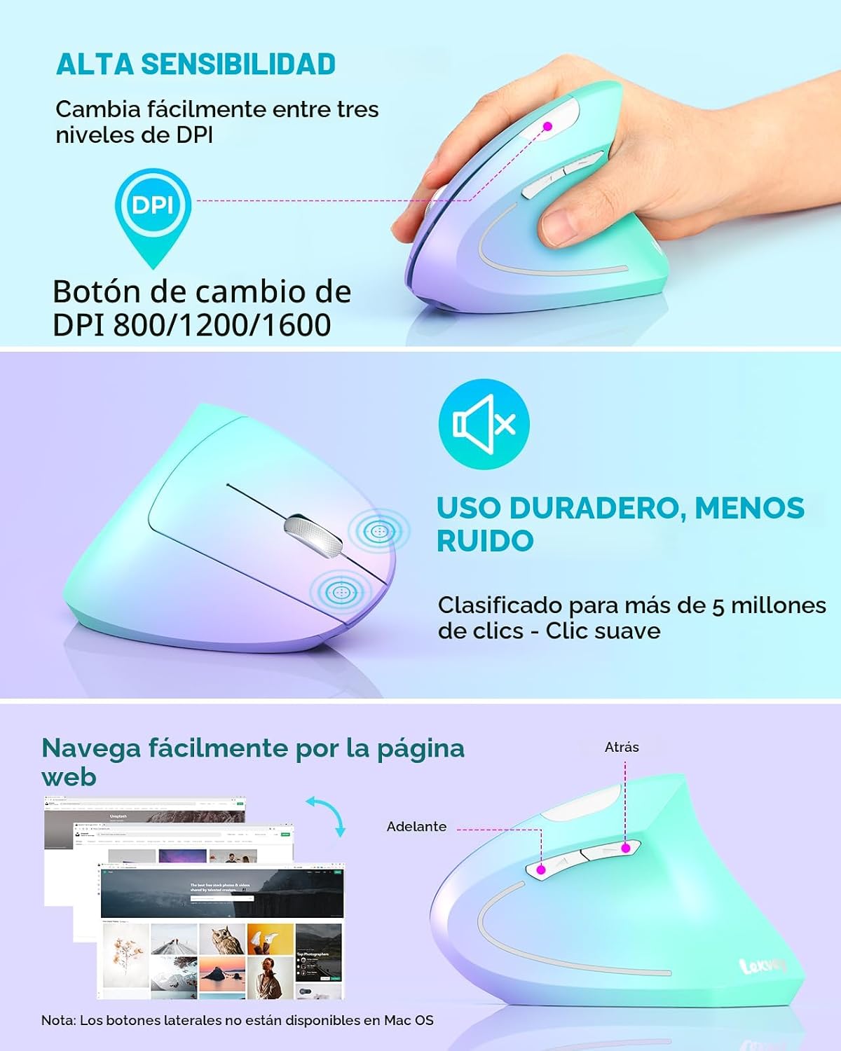 Lekvey Ratón ergonómico, ratón vertical inalámbrico, ratón recargab...