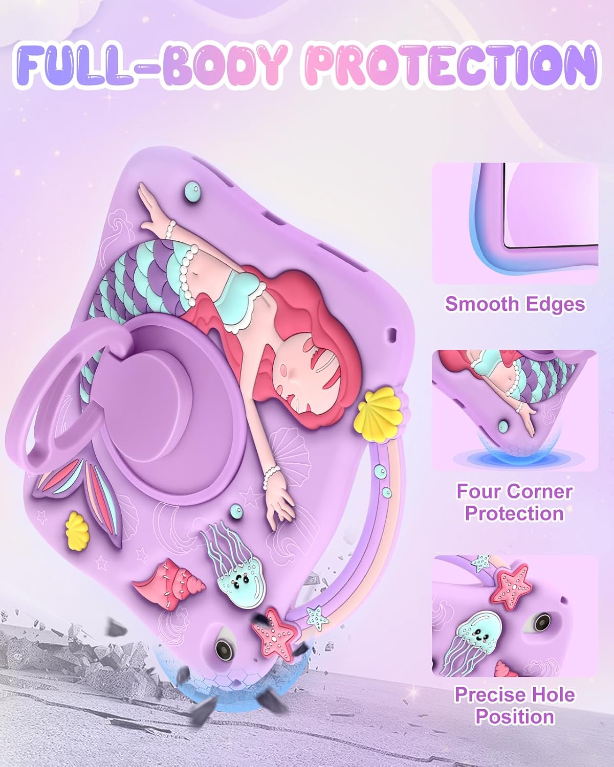 Boaretiu para iPad A16 Funda/Funda de 10ª Generación - Linda Funda de Tablet de 10.9 Pulgadas 2022 para Niñas y Adolescentes con Diseño de Sirenas Púrpuras de Dibujos Animados y Soporte Giratoria de