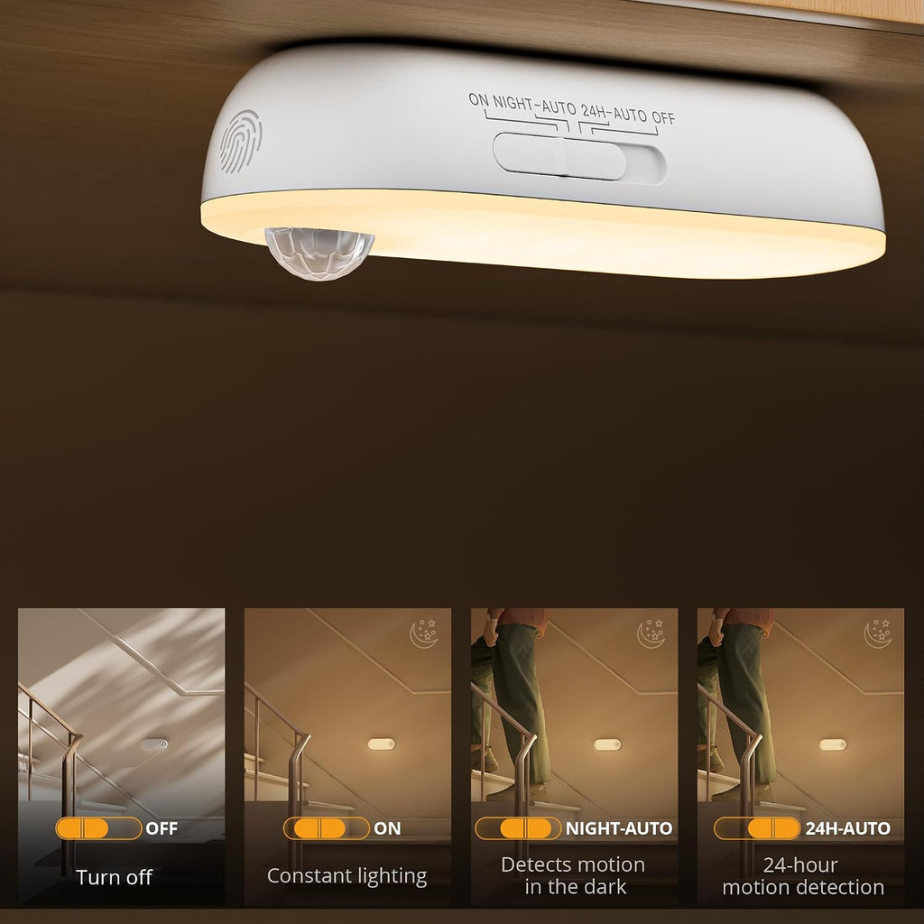 Luz Nocturna Recargable con Sensor de Movimiento, Funciona con Pilas de 1500mAh, Luz LED Adhesiva para Armario, Luminosidad Ajustable de 1-80LM para Baño, Cocina, Escaleras, Pasillo, 3 Paquetes