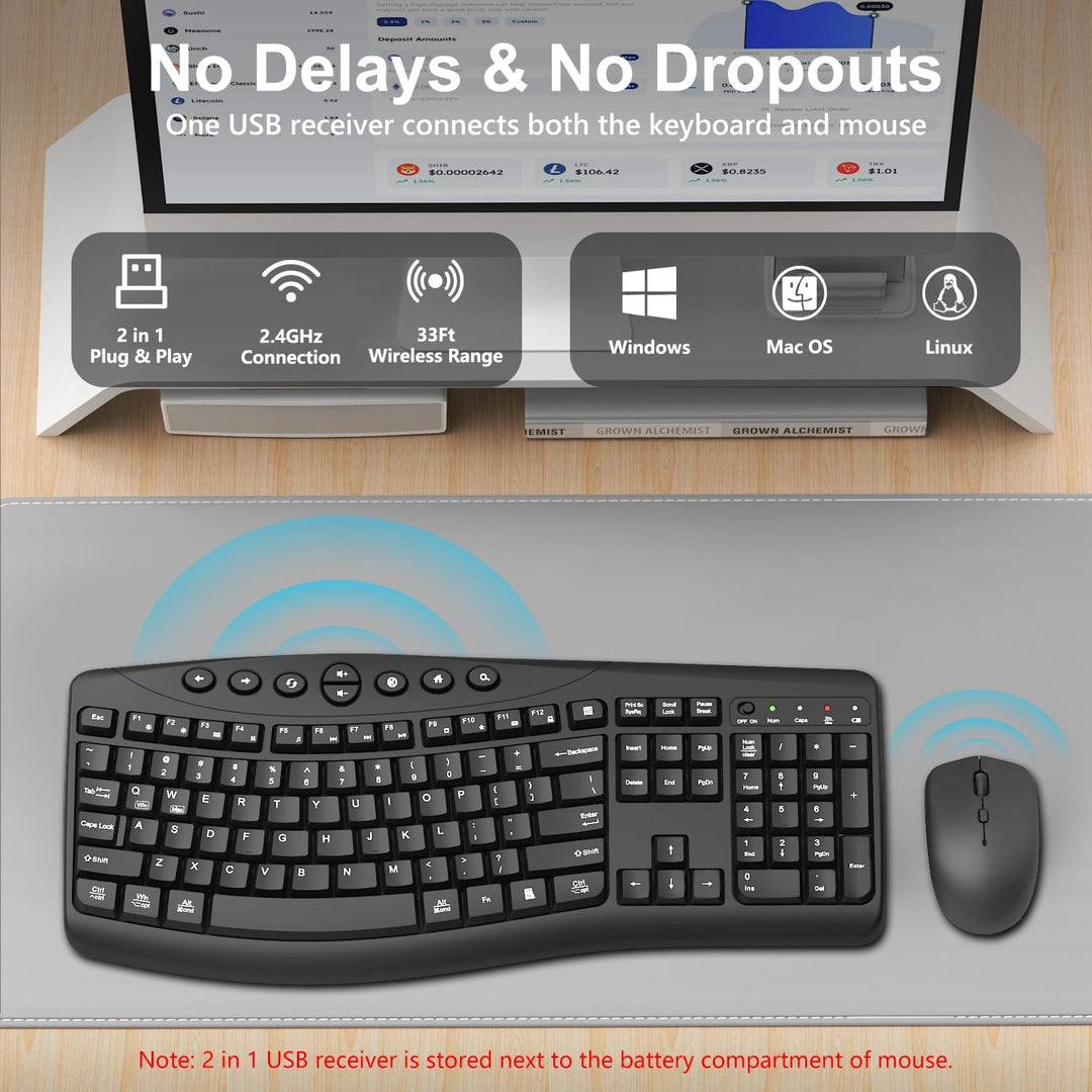 Combo de teclado y mouse inalámbricos, teclado curvo ergonómico sil...