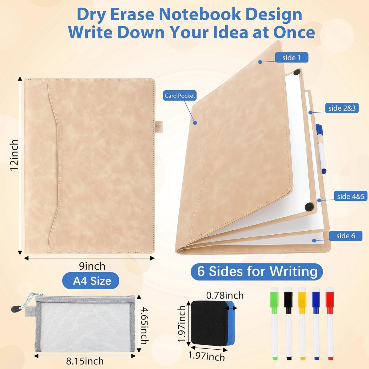 Feifeiya Cuaderno portátil de borrado en seco de 6 lados, color caqui, A4 9