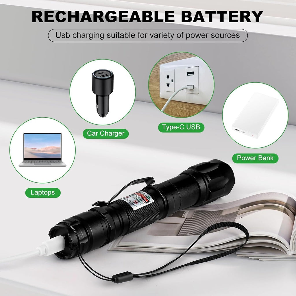 puntero láser verde, recargable por USB, enfoque ajustable