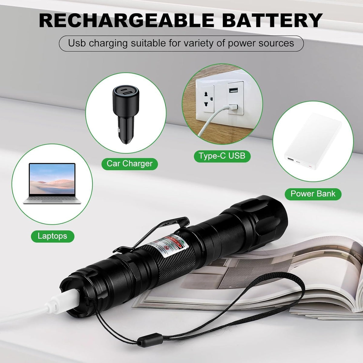 puntero láser verde, recargable por USB, enfoque ajustable