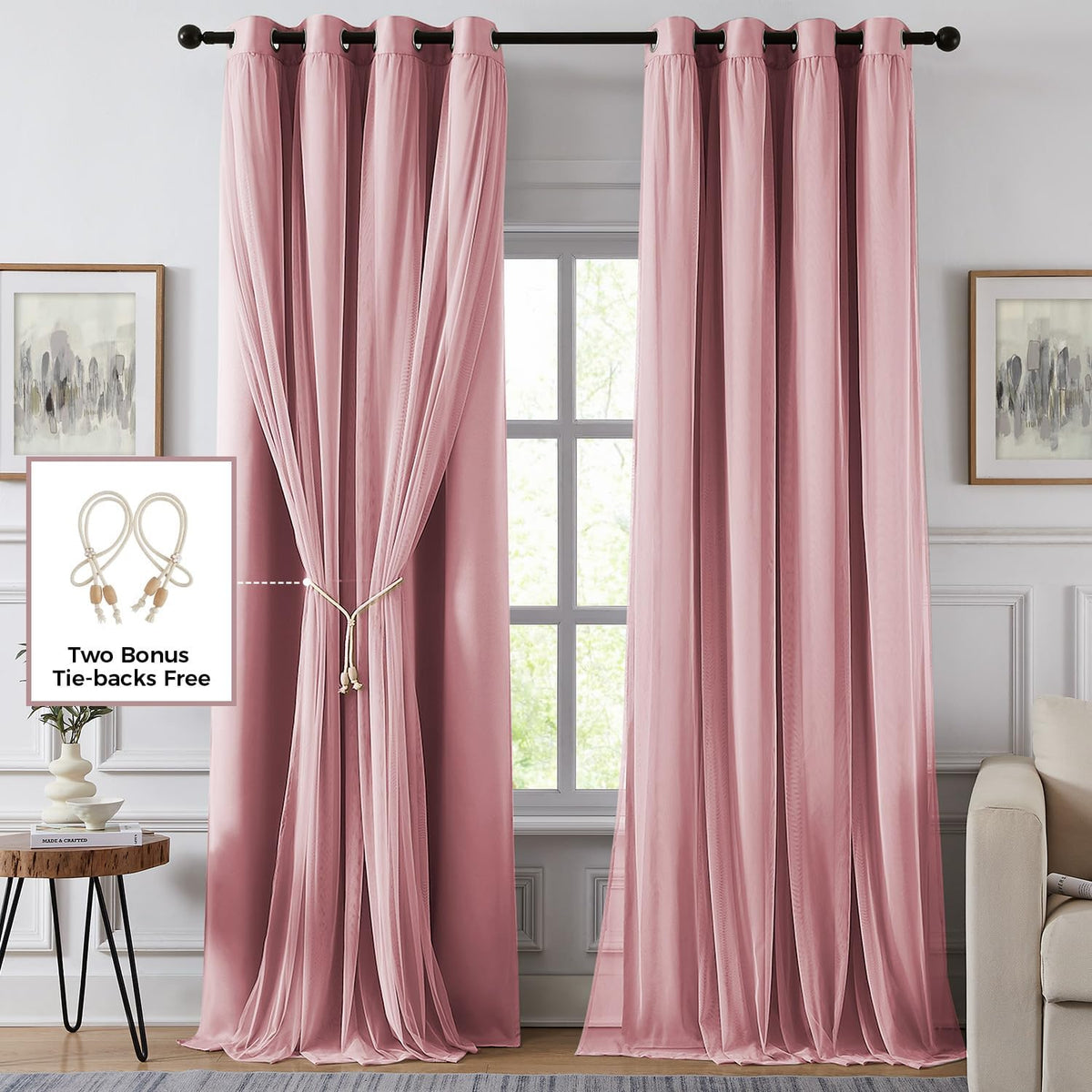 Cortinas 100% opacas para dormitorio, doble capa rosa