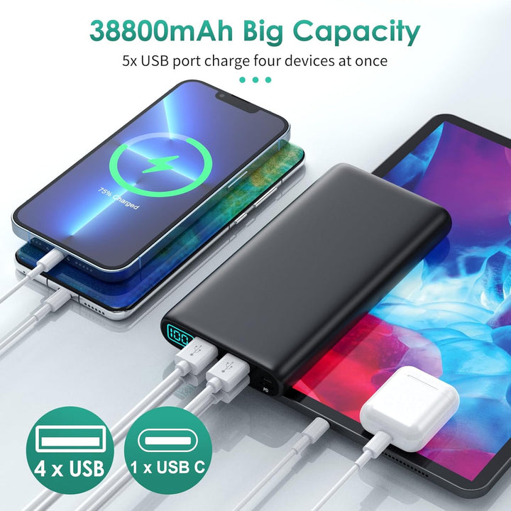 Cargador portátil de 38800 mAh con 5 salidas y 2 entradas, PD USB C...
