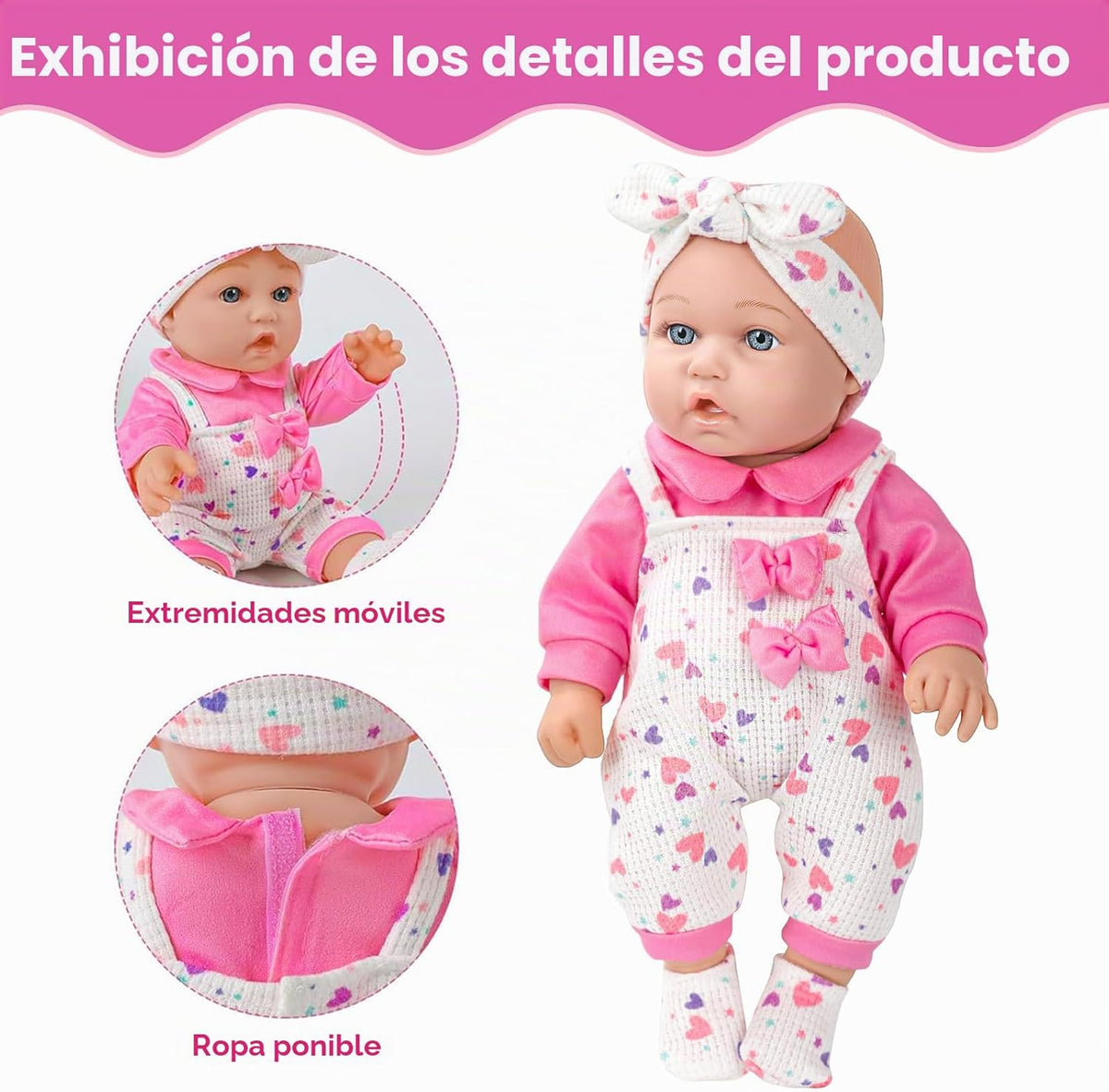 XFEYUE Muñeca de bebé de 12 pulgadas con lazo rosa conjunto de ropa para