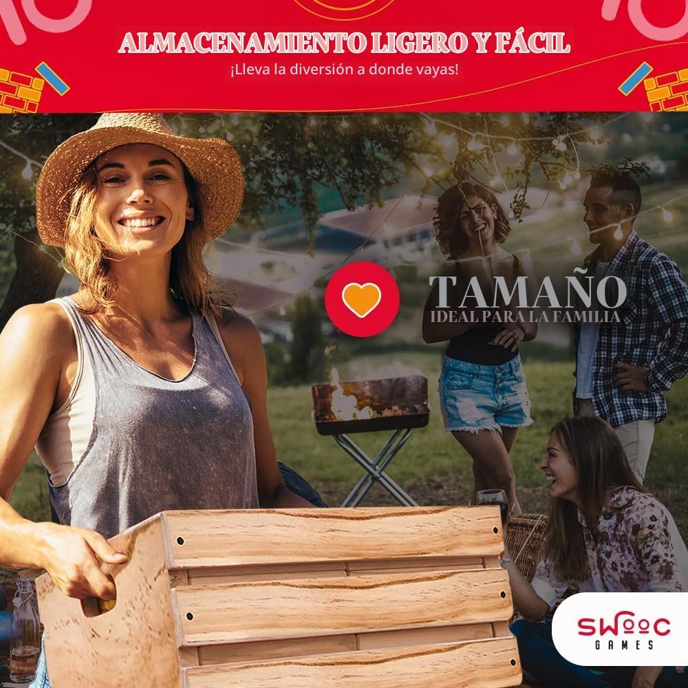 Splinter Woodworking - Juego de torre gigante Co | 60 bloques grandes | Caja de almacenamiento/mesa de juegos al aire libre | Comienza con más de 2.5 pies de altura | Altura máxima de 5 pies | Juegos de patio de superposición jumbo genuinos | Juego de