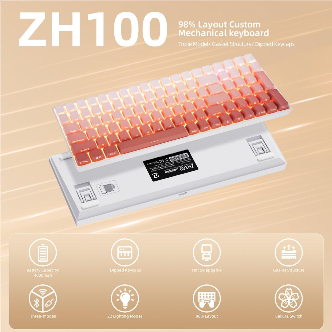ZORNHER ZH100 Wireless Mechanical Keyboard,98% Pink Creamy Keyboard...