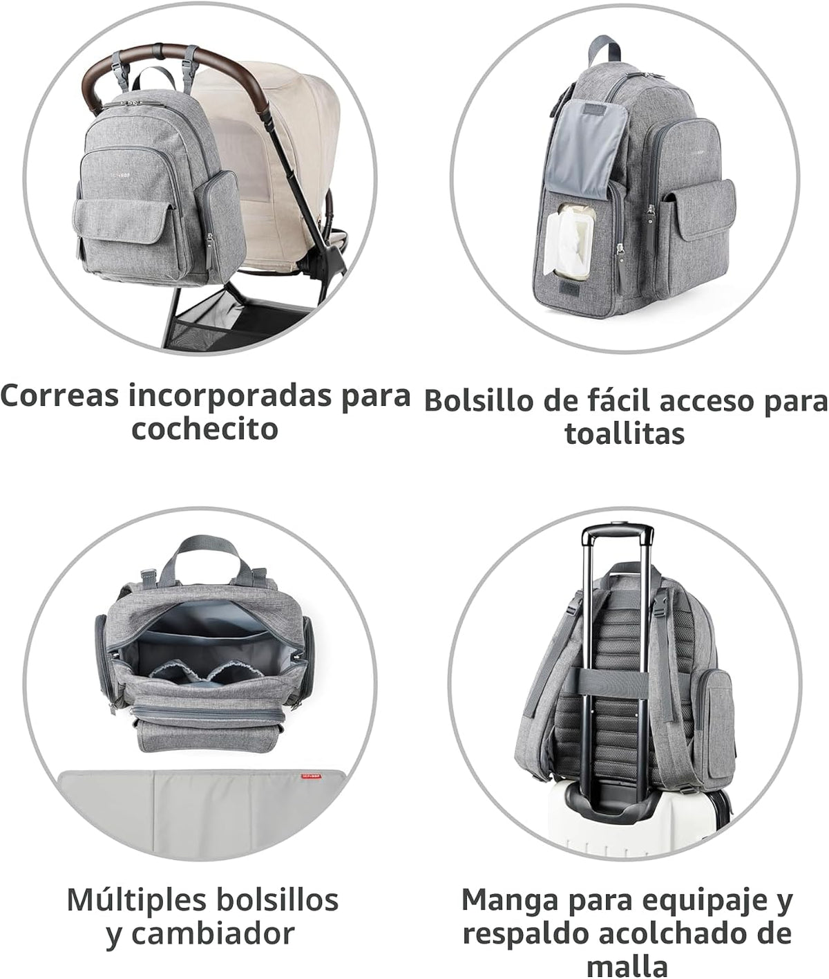 Skip Hop - Mochila para pañales con cambiador portátil, toallitas de fácil acceso y bolsillos laterales con cremallera, funda de equipaje y correas de cochecito, se adapta a una computadora portátil