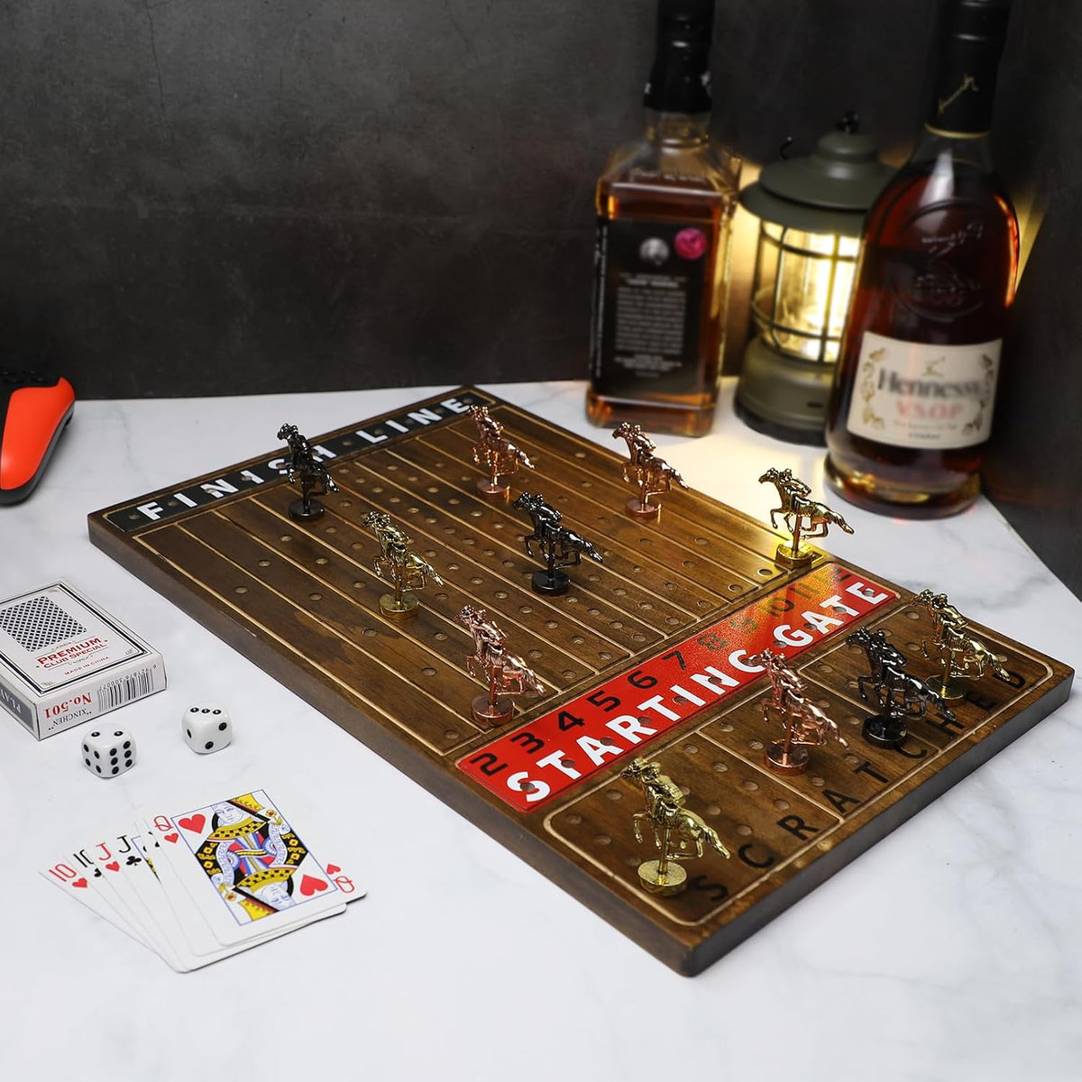 HOROW Juego de carreras de caballos – Juego de mesa de carreras de caballos de madera con 11 caballos de metal de lujo, 2 dados y 2 tarjetas, para Kentucky Derby y fiesta, regalo perfecto de cumpleaños y vacaciones