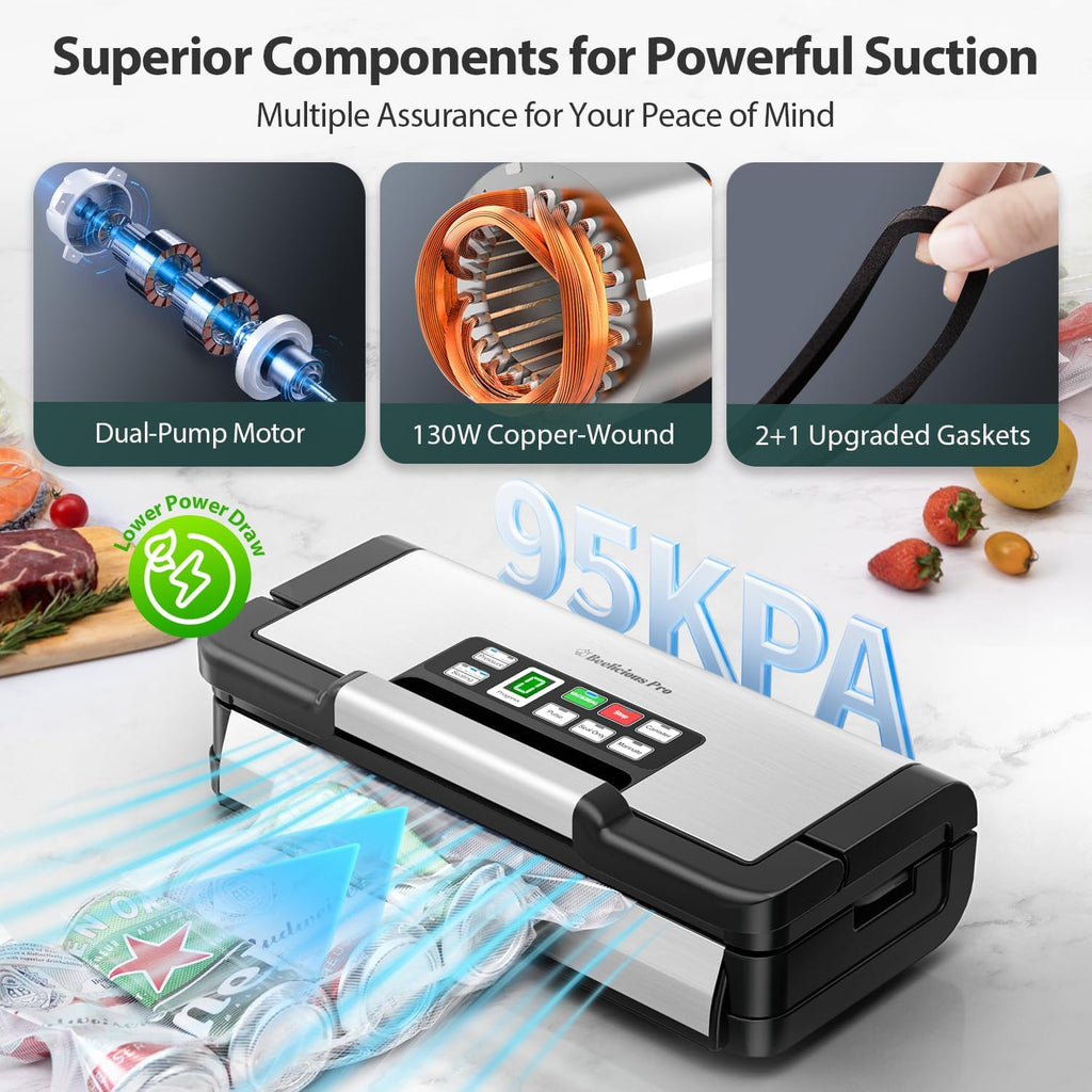 Máquina selladora al vacío de 95 kPa con tecnología AquaLock, sellador automático de alimentos de doble bomba para alimentos secos y húmedos, doble sellado térmico, cortador integrado, almacenamiento