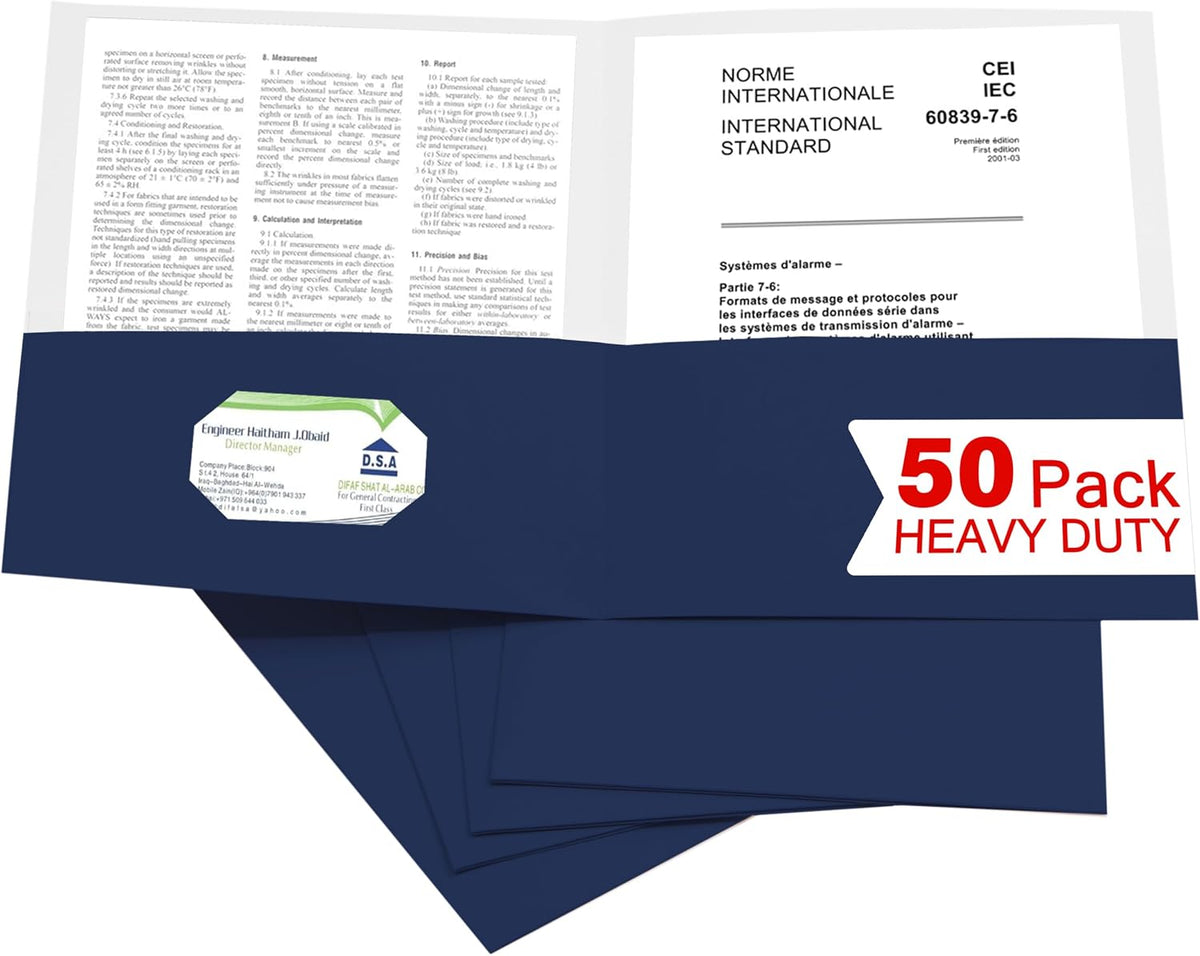Paquete de 50 carpetas de archivos de dos bolsillos con ranura para tarjetas de visita, papel texturizado, tamaño carta, capacidad para más de 100 hojas para la escuela, oficina, negocios