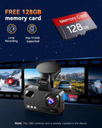 4K+4K Dash Cam Dual Frontal y Trasera, Tarjeta de 128GB gratis, Visión Nocturna Estelar