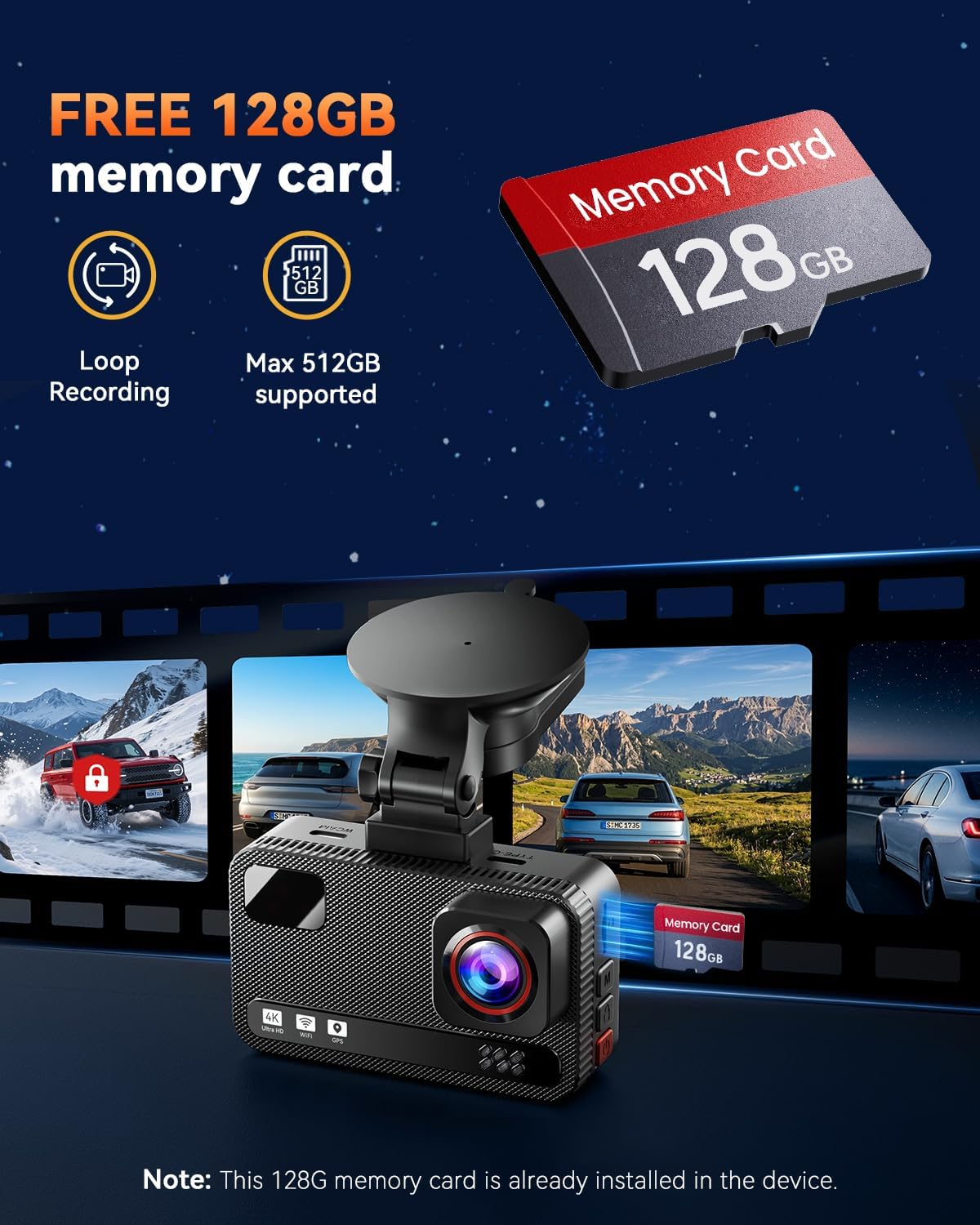 4K+4K Dash Cam Dual Frontal y Trasera, Tarjeta de 128GB gratis, Visión Nocturna Estelar