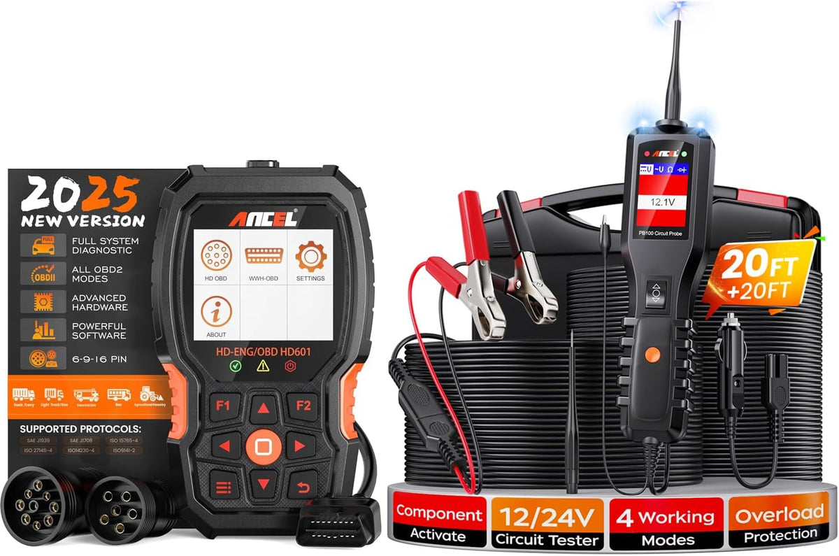 ANCEL Escáner de camión resistente HD601 + probador de sonda de circuito de potencia automotriz ANCEL PB100
