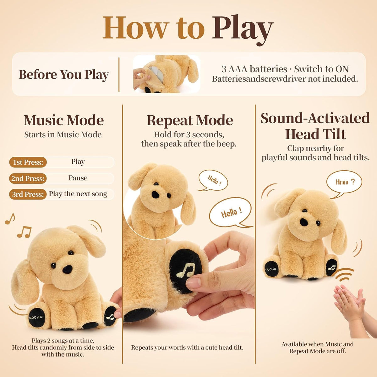 Juguete de peluche de Golden Retriever, juguete musical interactivo