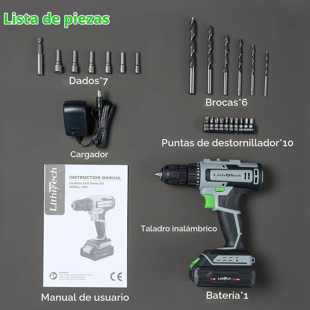 Juego de taladro inalámbrico de 20 V, taladro eléctrico de portabrocas sin llave de 3/8 pulgadas