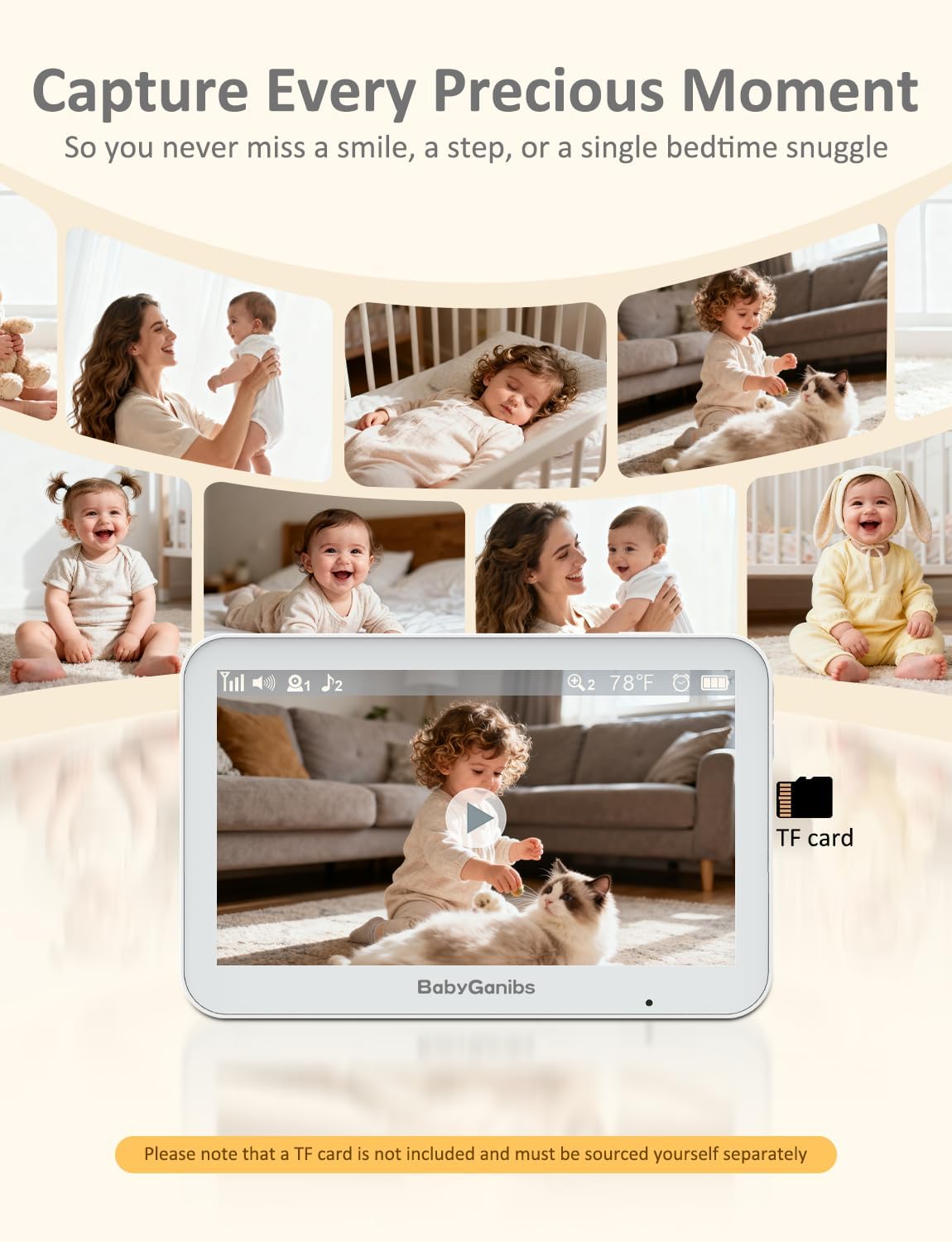 Baby Ganibs Monitor de bebé con cámara y audio: pantalla táctil IPS...
