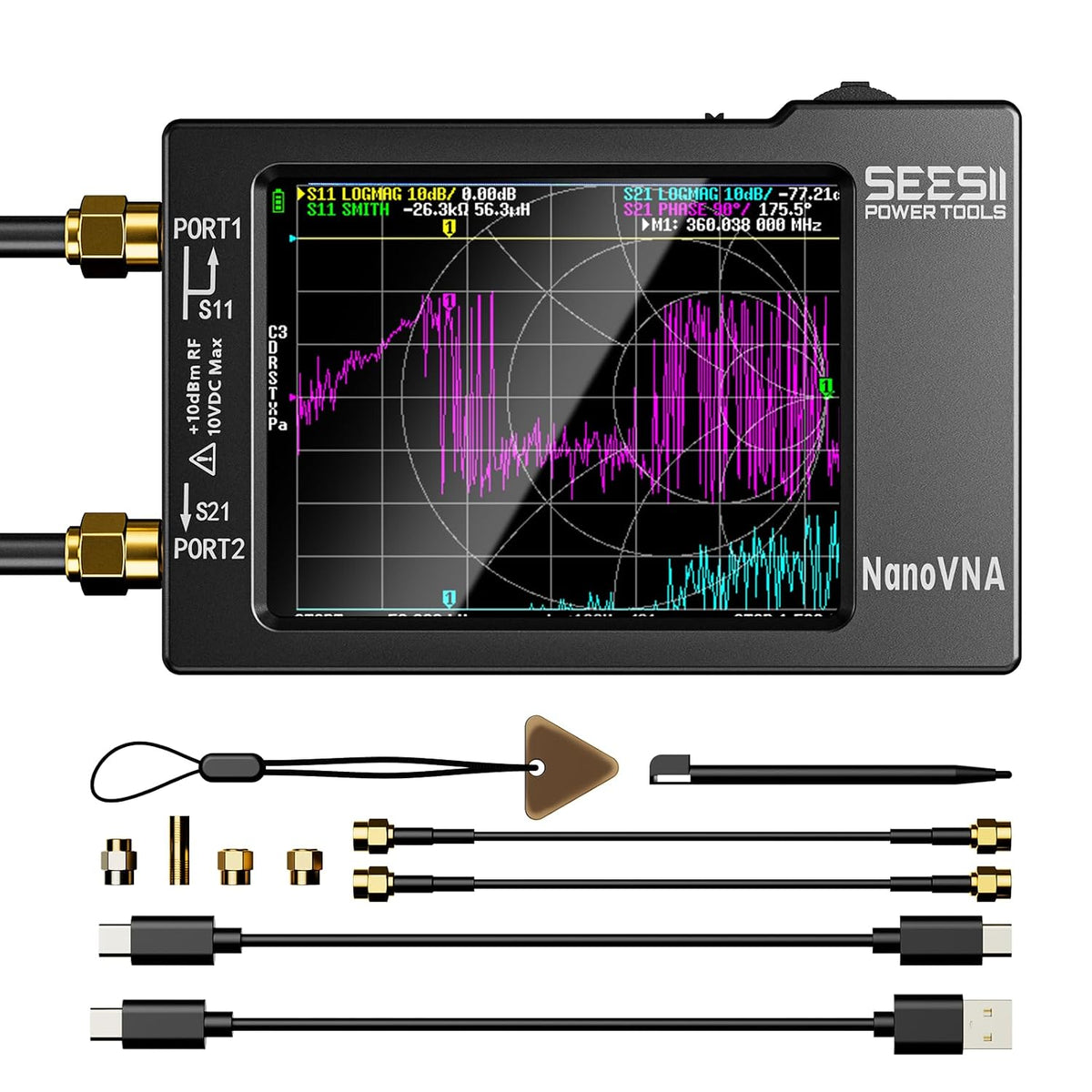 SEESII Analizador de red vectorial Nanovna-H, analizador de antena UHF HW3.7 9KHz-1.5GHz MF HF VHF, medición de parámetros S, relación de onda estacionaria de voltaje, fase, retardo, gráfico Smith