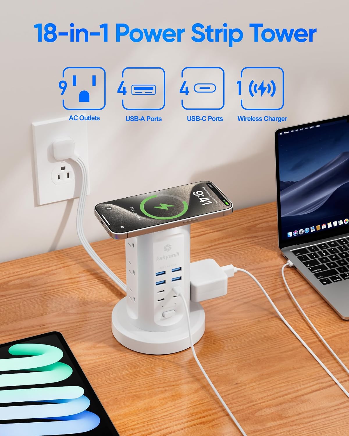 Torre de Regleta de Alimentación, kakyanill Torre Protector contra Sobretensiones 9 Tomas de CA 8 USB (4 USB C), Cable de Extensión Retráctil de 6 Pies, Estación de Carga para Oficina Cuarto de