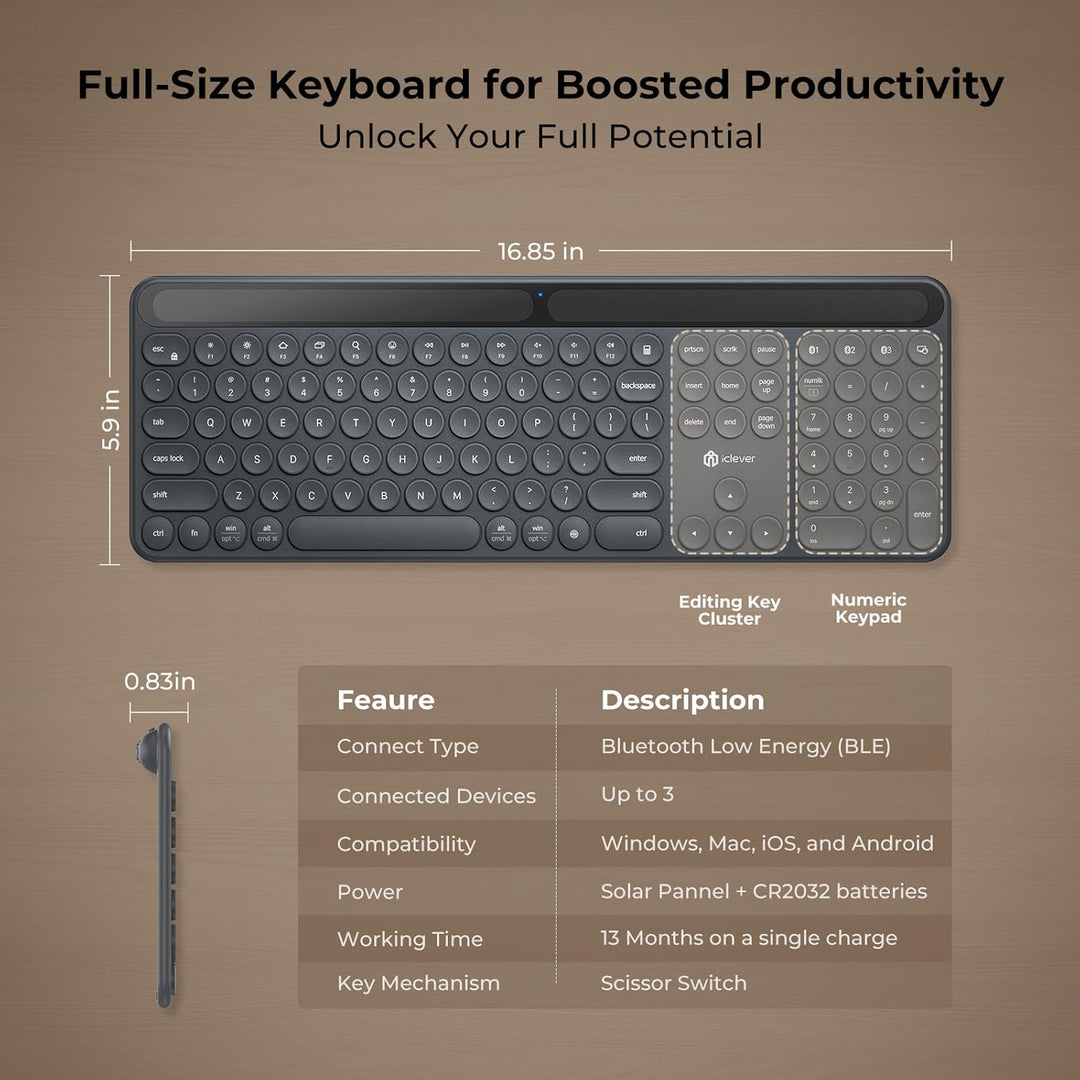 iClever Teclado Bluetooth solar, teclado inalámbrico con carga de l...
