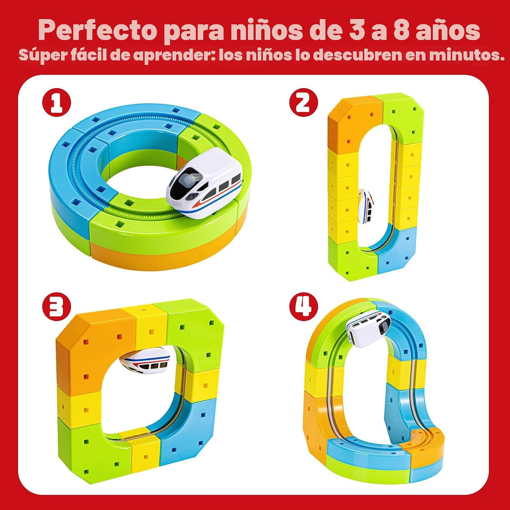 Juego de tren eléctrico para niños de 3 a 8 años – Juguete modular 3D flexible de construcción de pista de carreras con movimiento de 360° que desafía la gravedad, regalo divertido de aprendizaje STEM